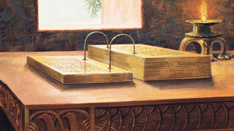 A painting depicting gold plates by Jerry Thompson. Image via lds.org