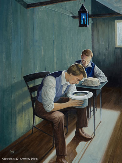 Joseph Smith translating the Book of Mormon by looking at his seer stone in a hate. Painting by Anthony Sweat.