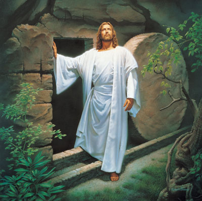 Jesus Christ brough about the resurrection of the dead, thus overcoming the bands of death. “He Lives” by Simon Dewey.
