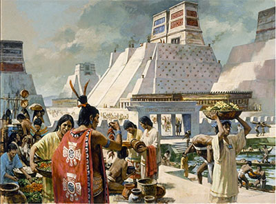 An artist's recreation of the Aztecs' island capital of Tenochtitlan. Image via nationalgeographic.com.