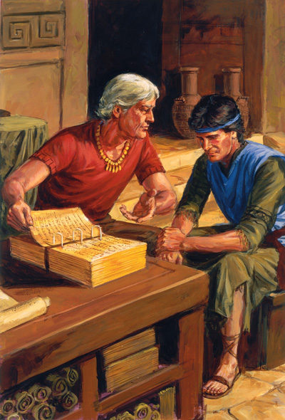 Alma the Younger Counseling His Son by Darrell Thomas. Image via lds.org.
