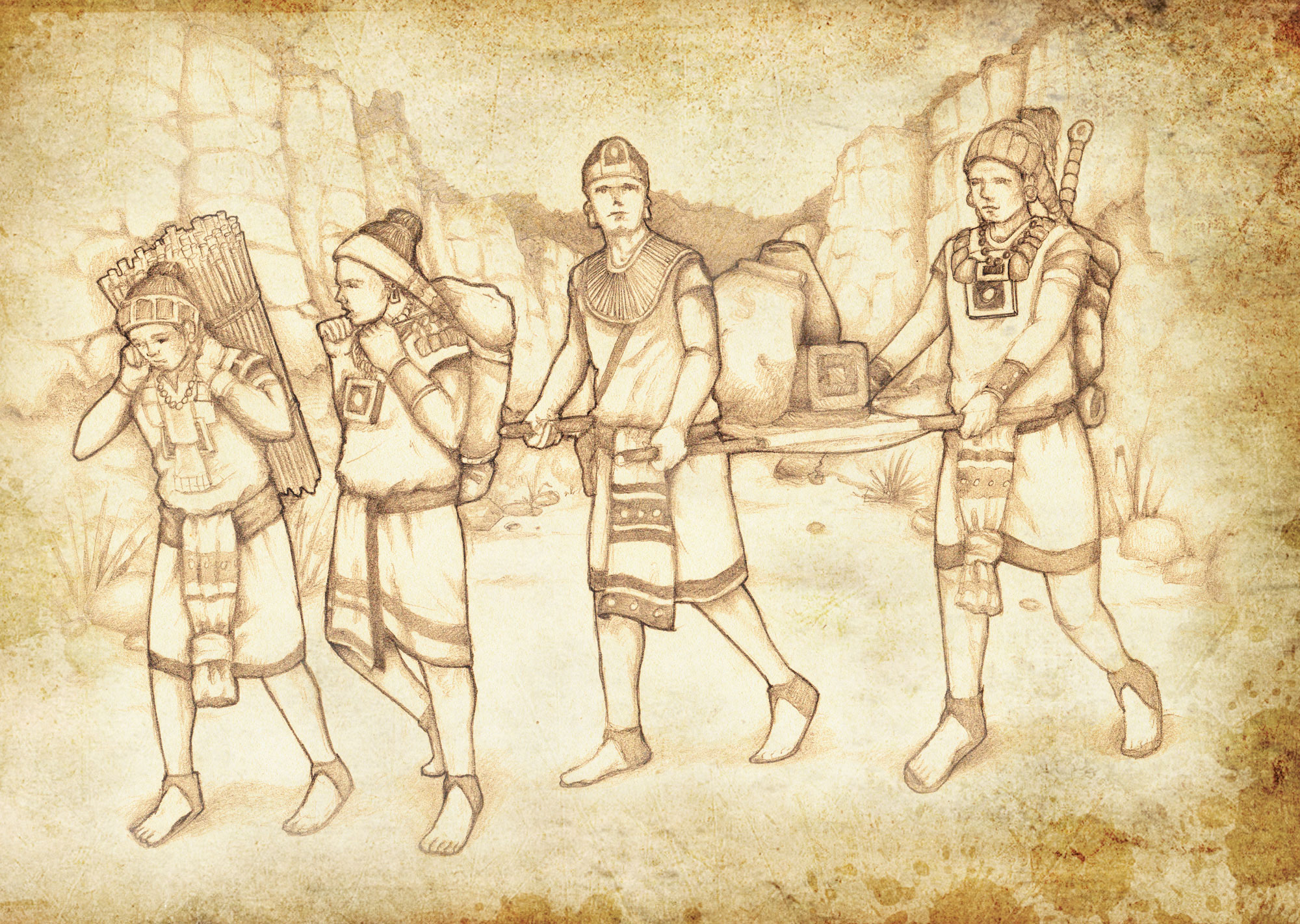 Image depicting Mesoamerican warriors carrying their packs of supplies on their backs. Image by Jody Livingston.