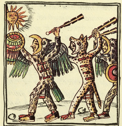 Aztec warriors dressed in animal skins. Drawing from the Florentine Codex via Wikimedia Commons.