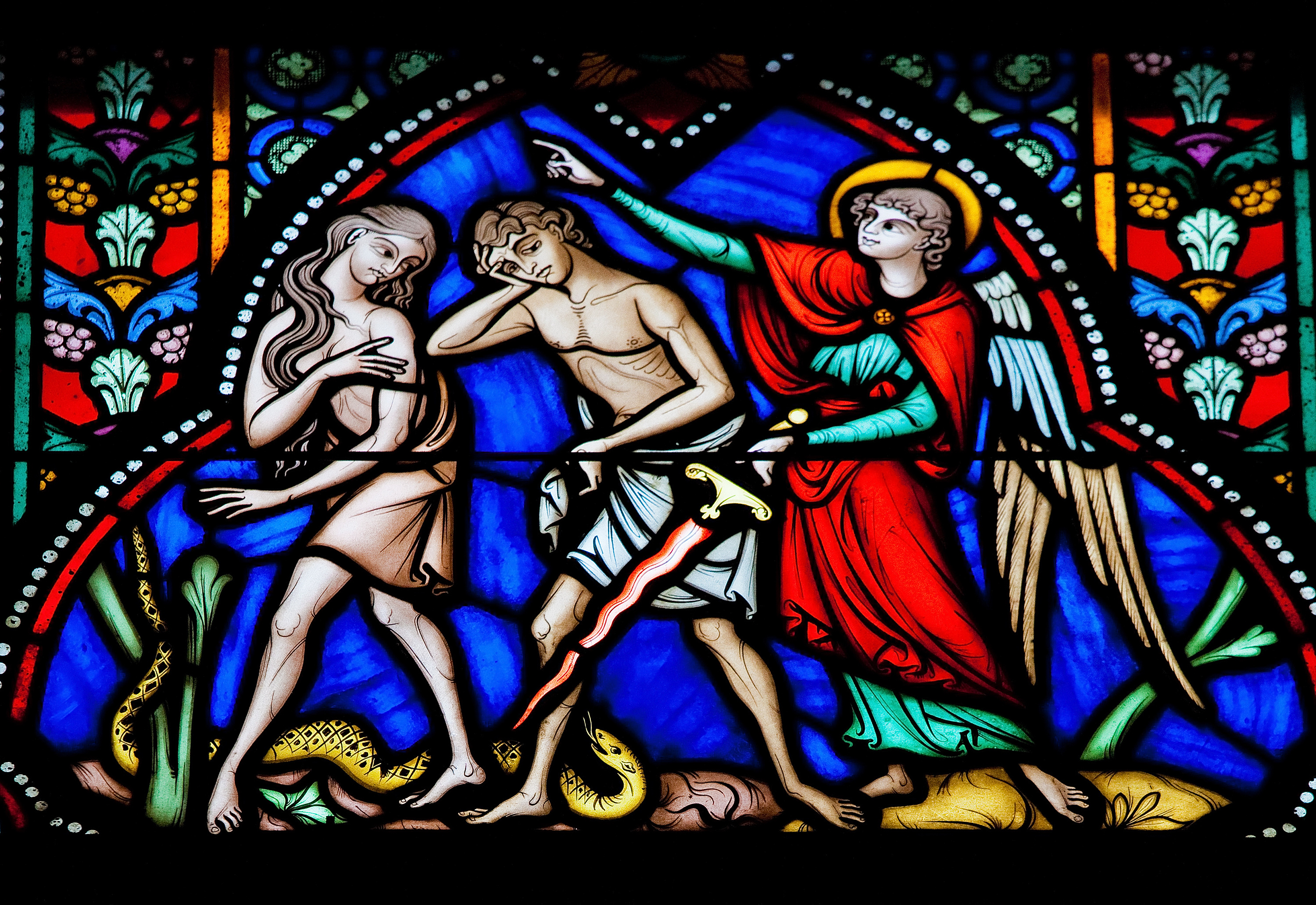 “The Sinners are Expelled from Paradise” stained glass panel from Auxerre Cathedral
