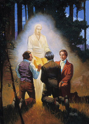 Moroni Shows the Gold Plates to Joseph, Oliver and David by William L. Maughan