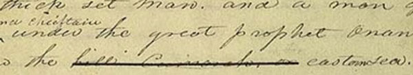 Image from Joseph Smith Papers, showing ‘hill cumorah’ crossed out in History, 1838–1856, vol. 1–A, p. 483. Handwriting of Willard Richards.