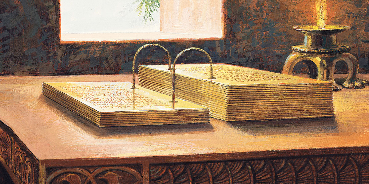 A painting depicting gold plates by Jerry Thompson. Image via Gospel Media Library.
