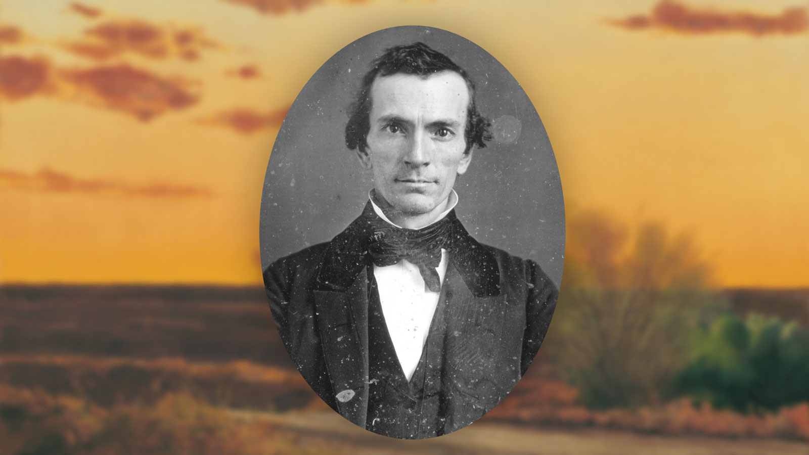 Portrait of Oliver Cowdery. Landscape of Far West by Al Rounds.