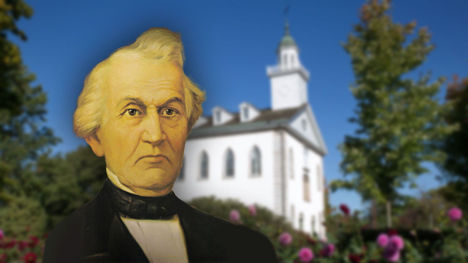 Portrait of David Whitmer by Lewis Ramsey. Image of Kirtland Temple via Church of Jesus Christ.
