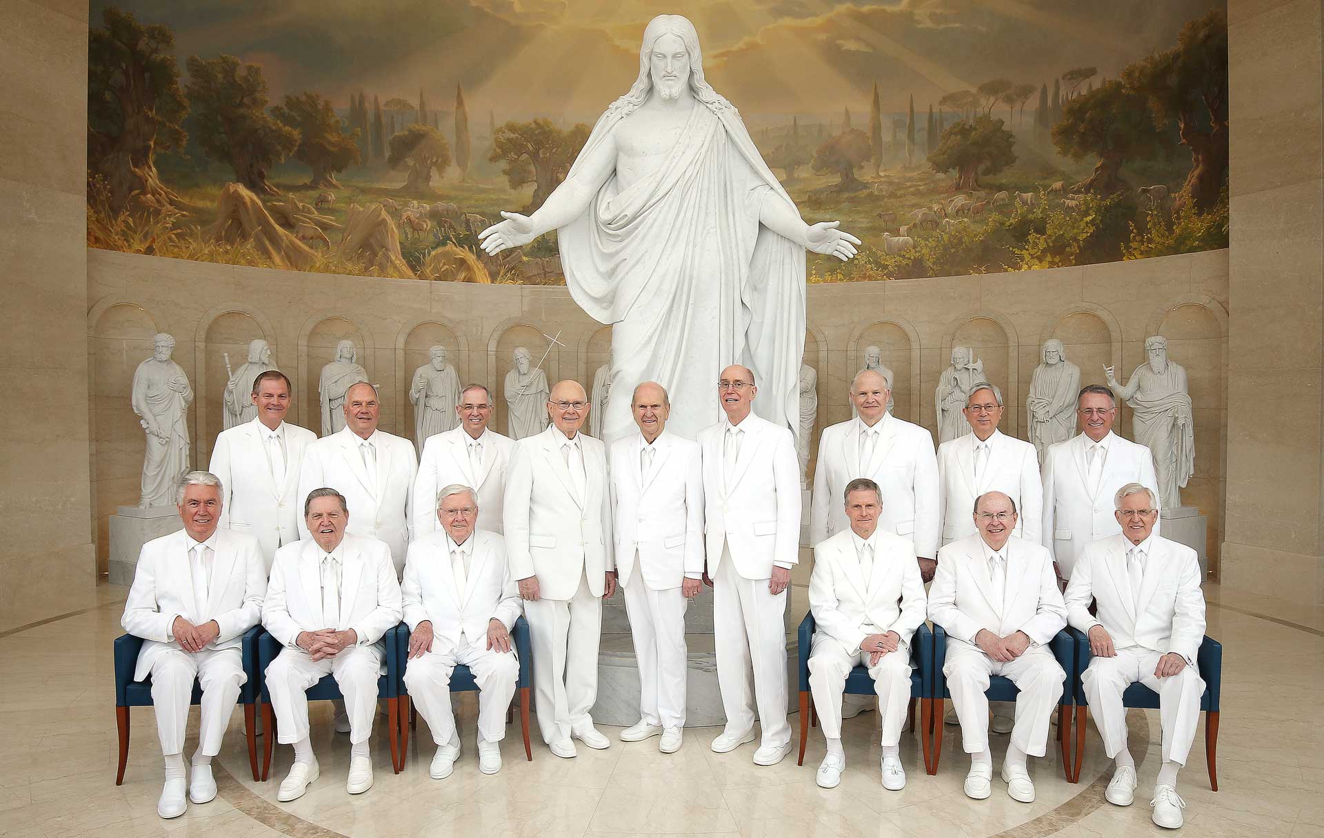 The Twelve Apostles and First Presidency of the Church of Jesus Christ of Latter-day Saints at the Rome, Italy Temple Visitor Center. Image via Church of Jesus Christ.