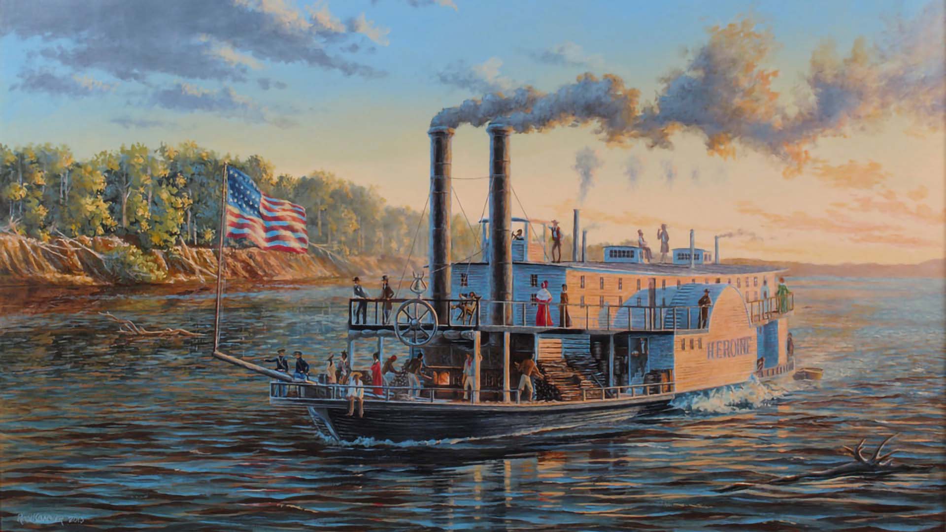 Painting of the "Steamboat Heroine" of 1832 by Peter Rindlisbacher. Image via The Oklahoman and The Oklahoma History Center.