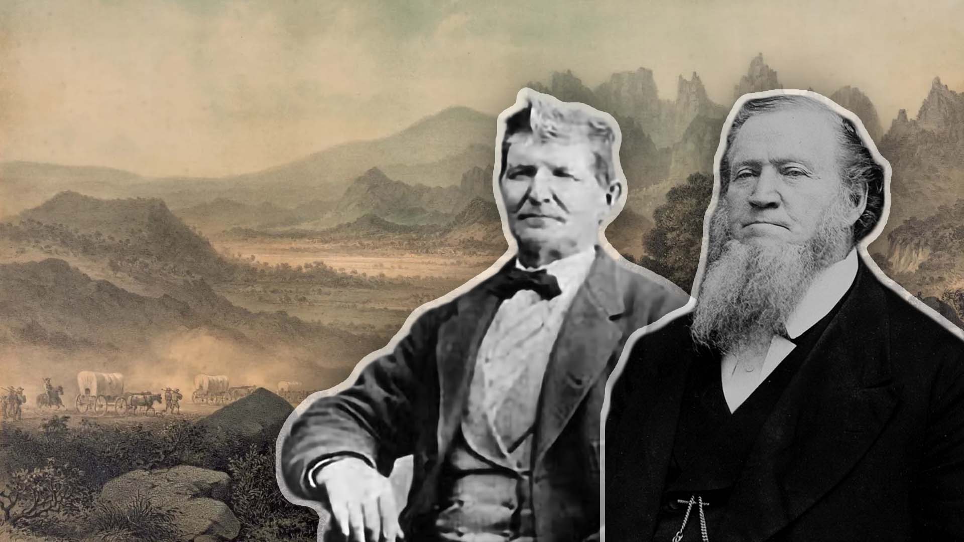 Covered wagons traveling in Utah shortly before the Mountain Meadows Massacre, September 1857. Portraits of John D. Lee (left) and Brigham Young (right).