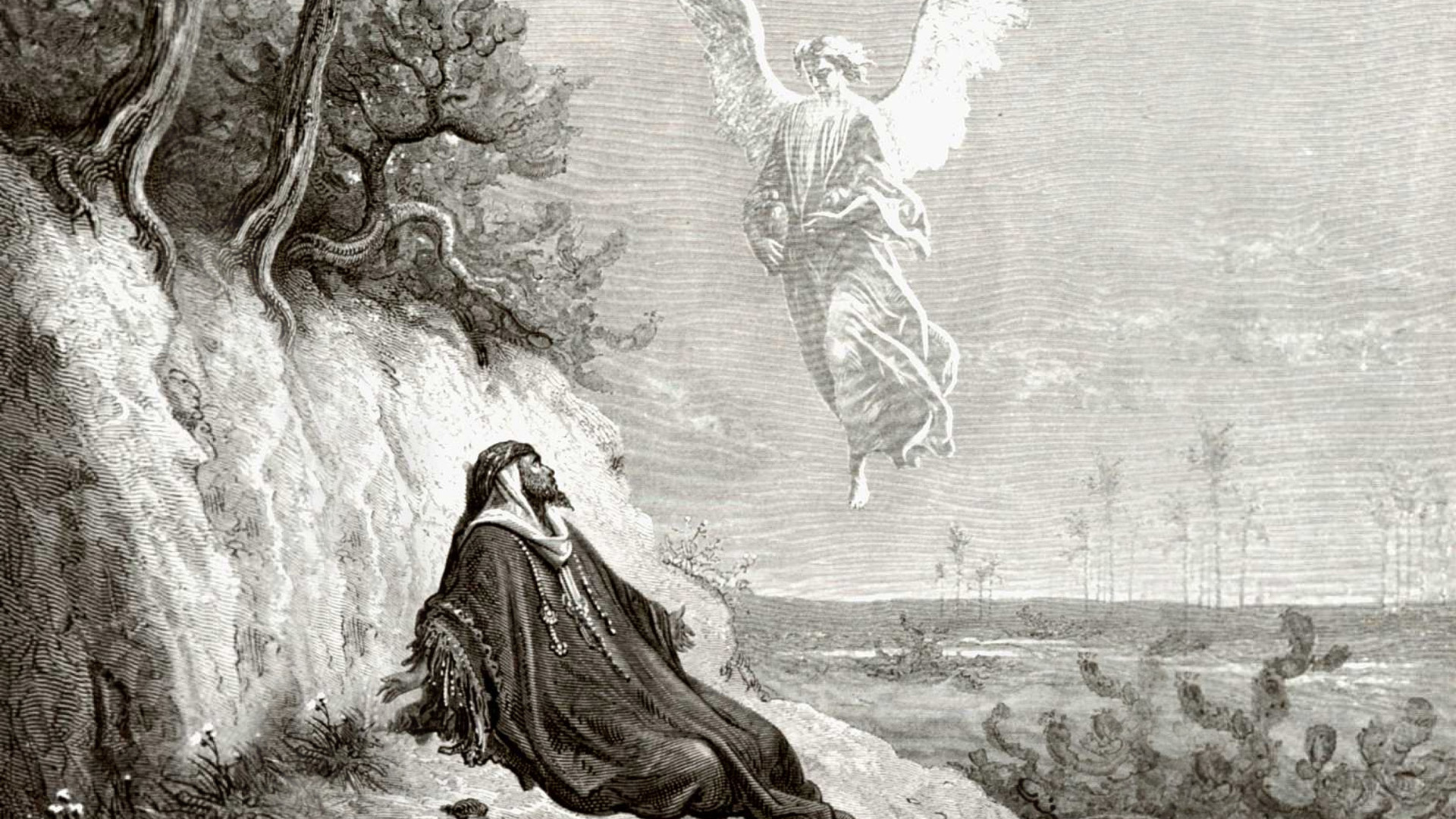 Illustration to the Bible: Angel brings food and drink to the prophet Elijah by Gustave Dore, 1877.