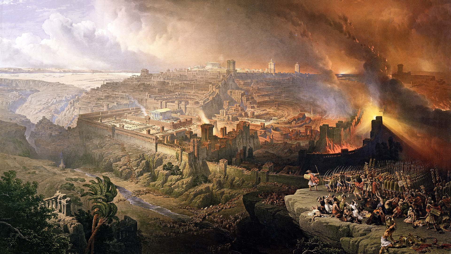 The Siege and Destruction of Jerusalem by the Romans Under the Command of Titus, A.D. 70. Painting by David Roberts, 1850 via Wikimedia Commons.