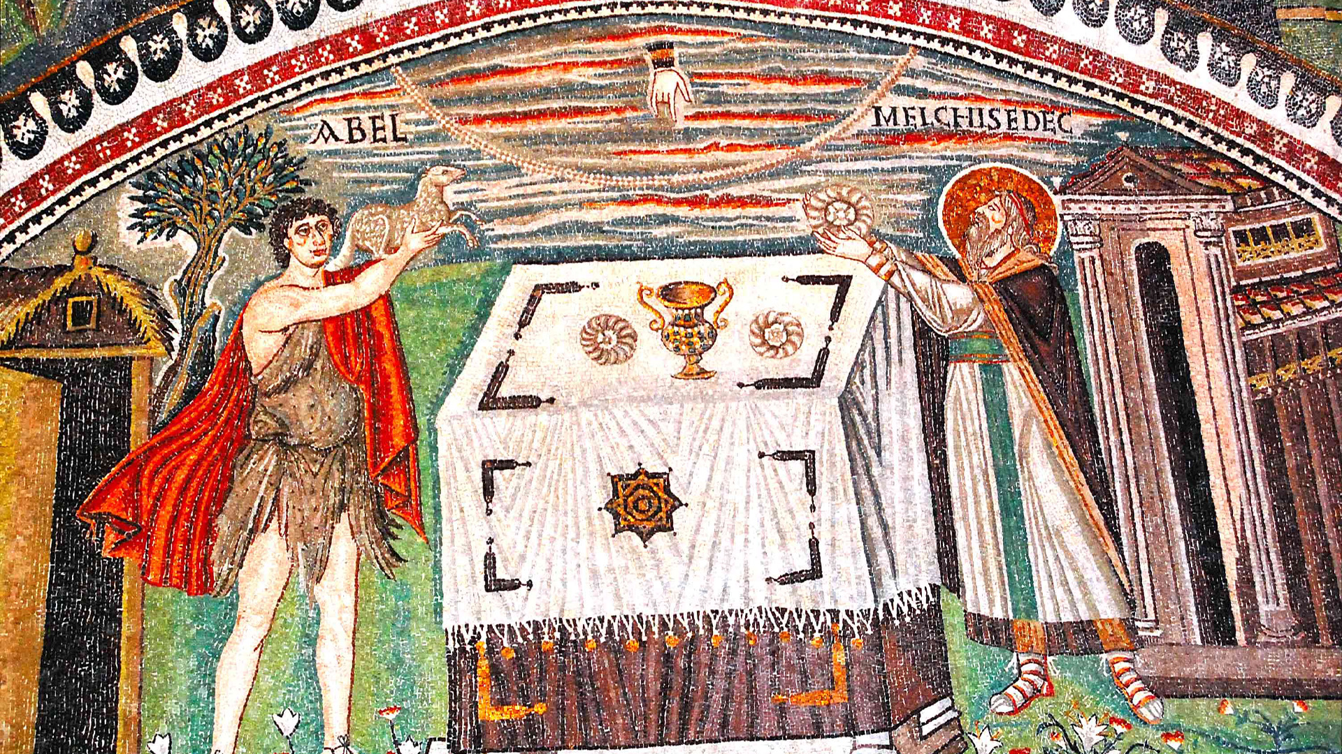 Abel and Melchizedek bringing their offerings to the altar. Mosaic in Basilica of St. Vitale, Ravenna. Image via templestudy.com