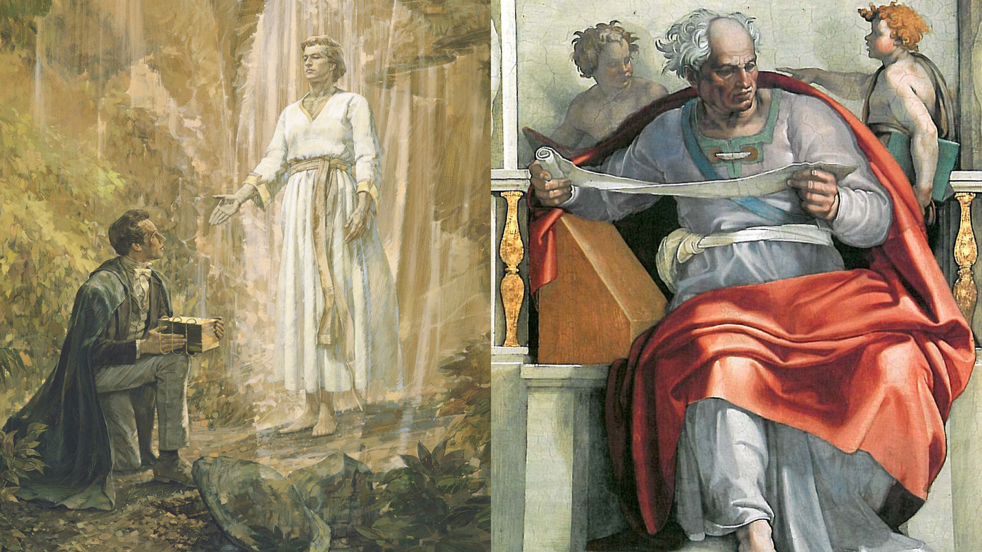 Moroni Appears to Joseph Smith by Tom Lovell and the Prophet Joel by Michelangelo.