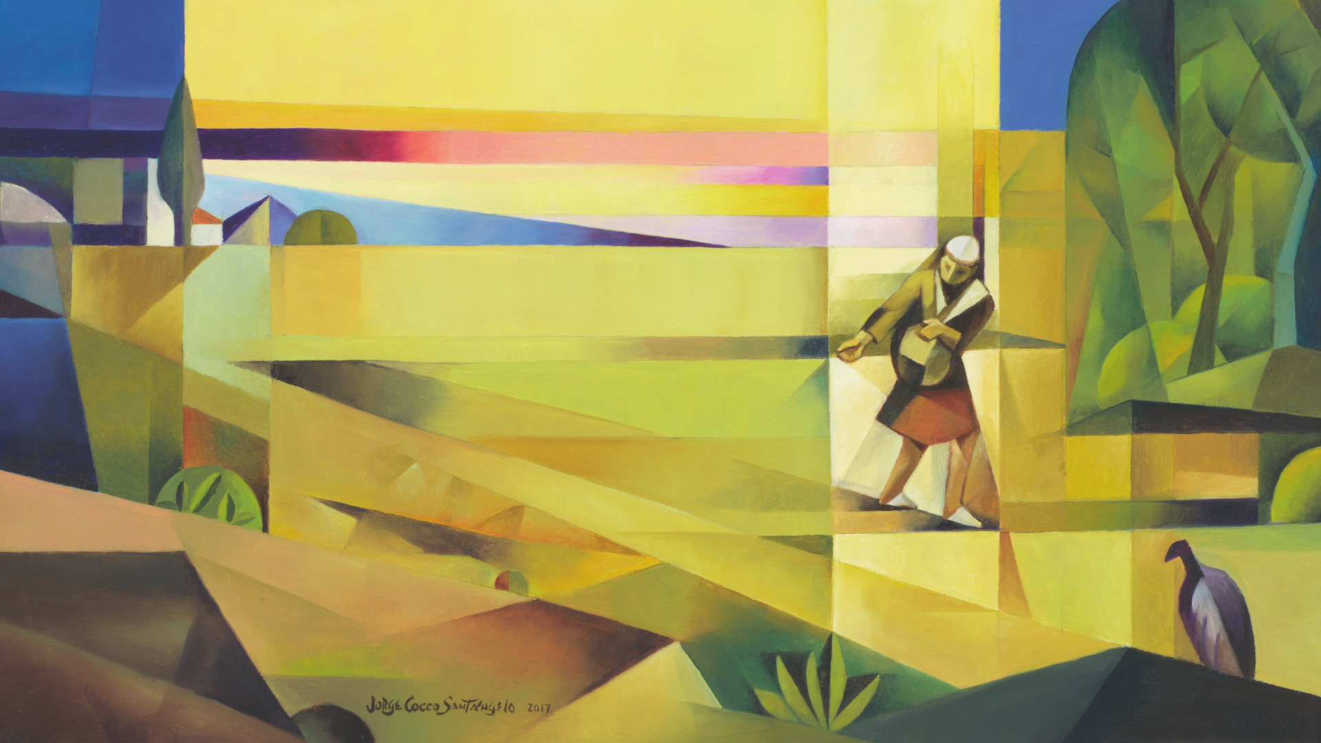 Jorge Cocco's painting, "The Sower," which depicts a man walking with a bag of seeds and tossing them into soil along his path, as described in Jesus's parable.