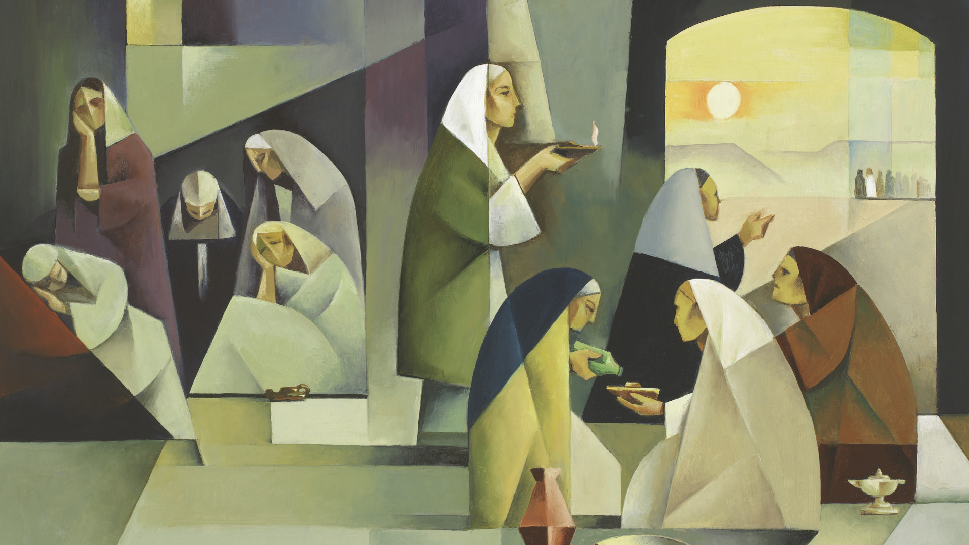 "The Ten Virgins," by Jorge Cocco, shows the wise virgins from Jesus' parable, with oil in their lamps and vessels, and the foolish virgins, who were not prepared with oil.