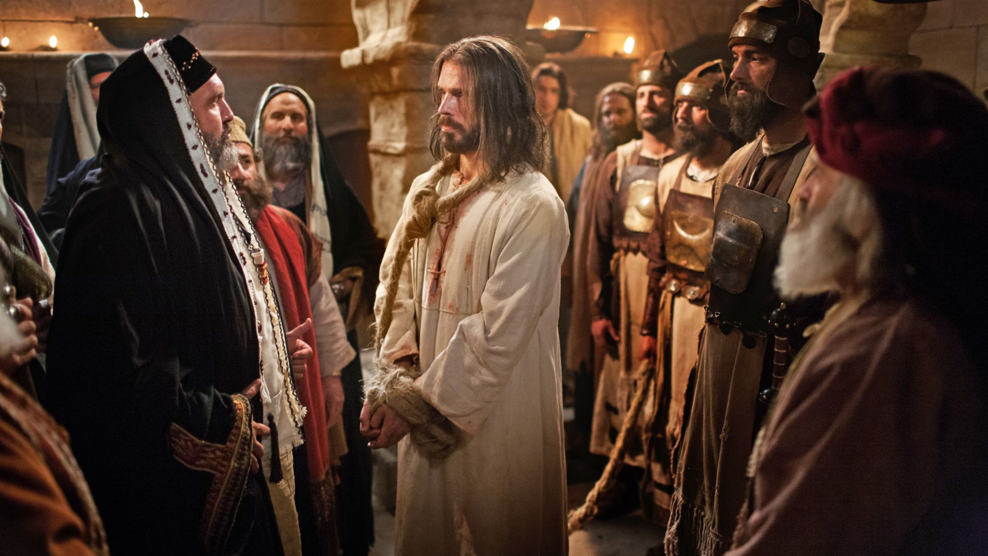 Jesus stands on trial before Caiaphas and the Sanhedrin in this still from a Life of Jesus Christ Bible Video. Courtesy image from The Church of Jesus Christ of Latter-day Saints.