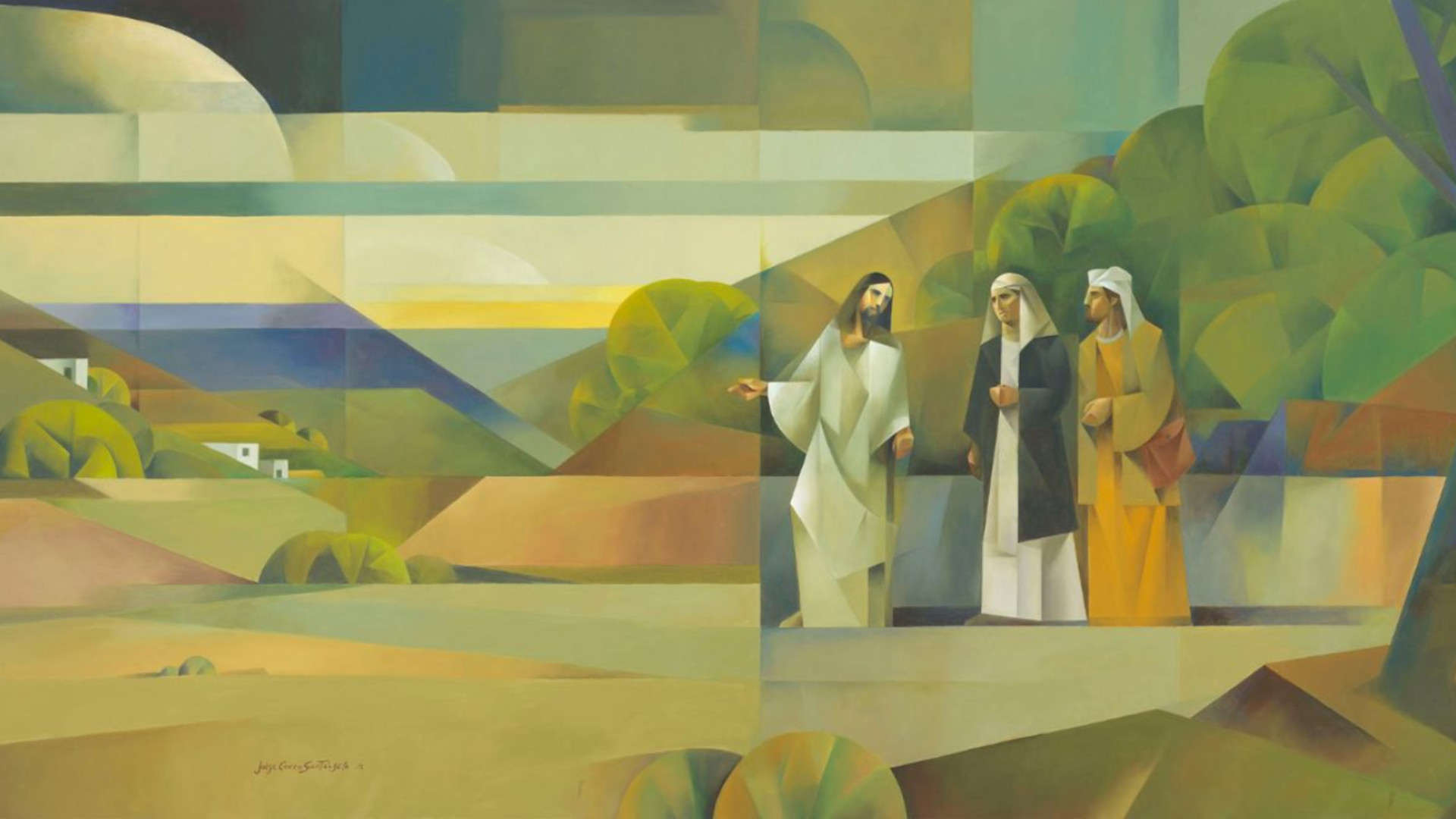 Jorge Cocco's painting, "Road to Emmaus," depicts Jesus Christ walking with Cleopas and an unnamed disciple on the road to Emmaus.