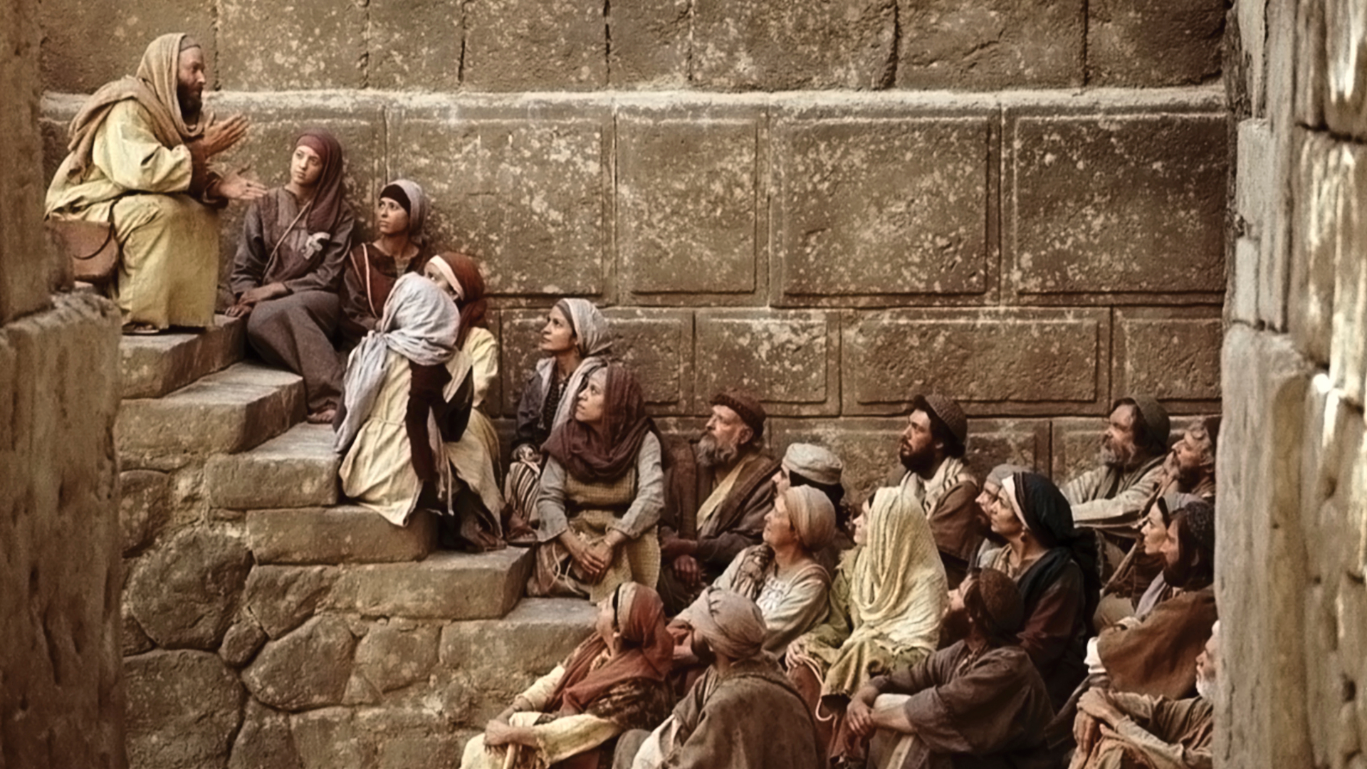 Paul sits and teaches a group of men and women. Image from Bible Videos of The Church of Jesus Christ of Latter-day Saints.