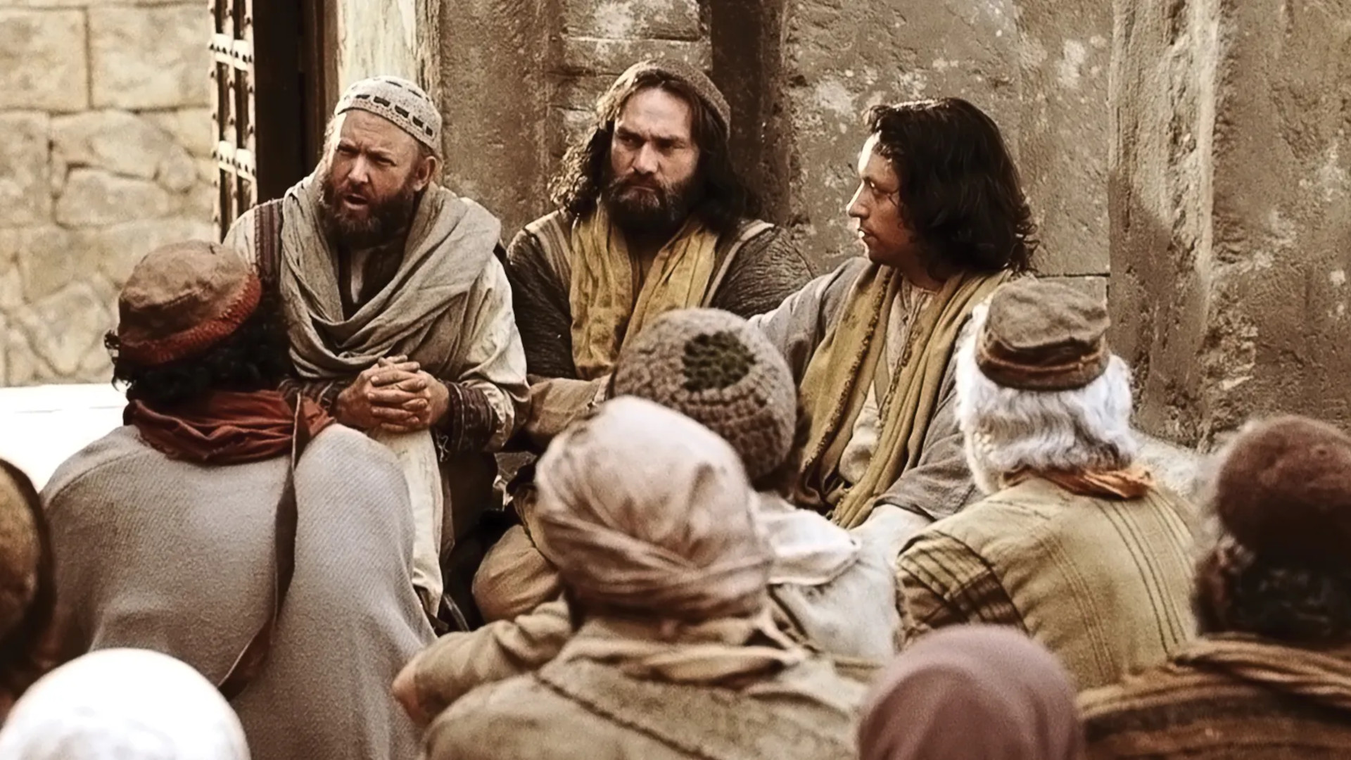 Paul preaches to a crowd with Peter and John. Image from the Bible Videos of The Church of Jesus Christ of Latter-day Saints
