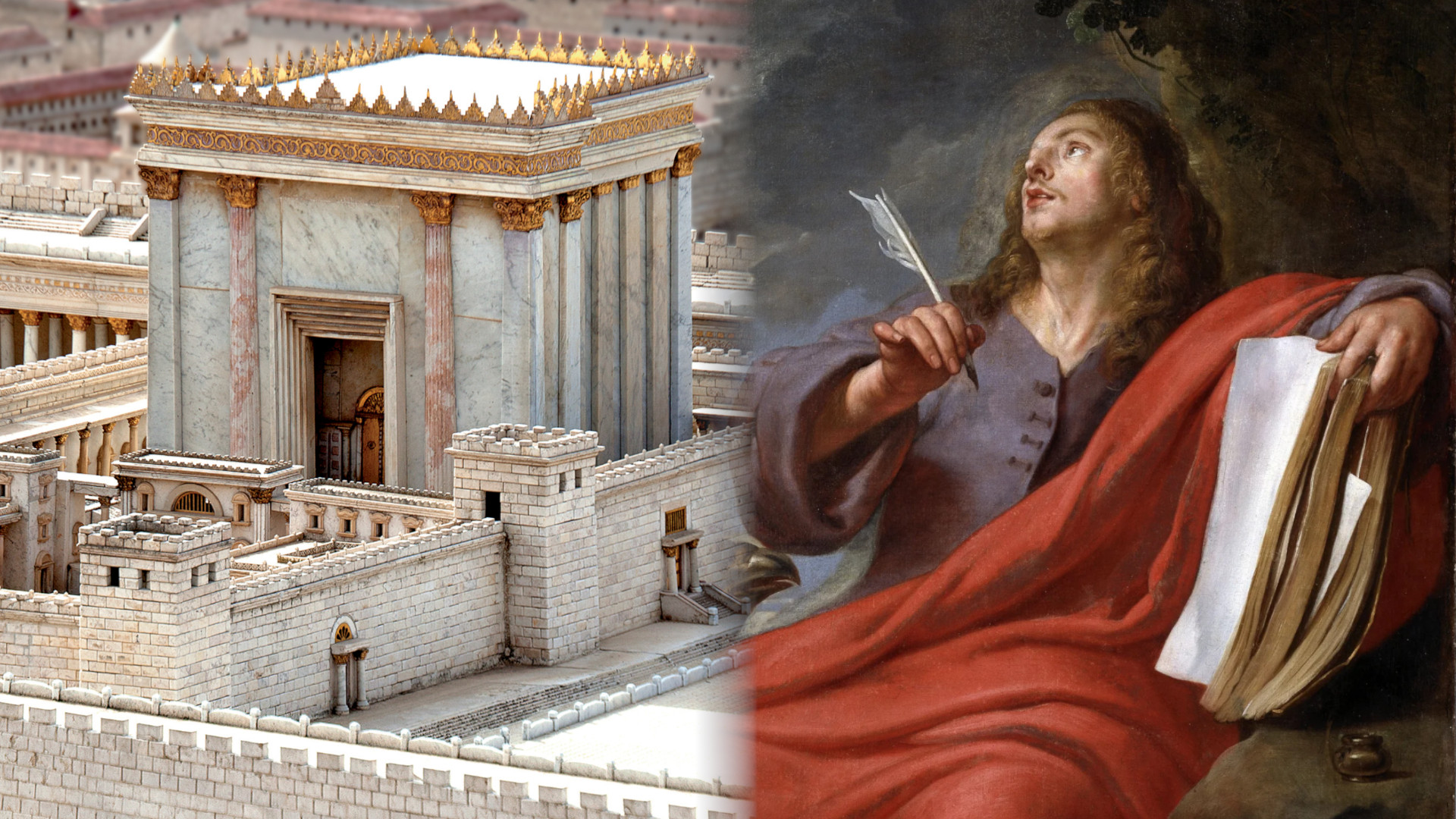 Left, a model of King Herod's Temple. Image from The Church of Jesus Christ of Latter-day Saints. Right, “Saint John Writes the Book Revelation on the Isle of Patmos” by Gaspar de Crayer. Public Domain.
