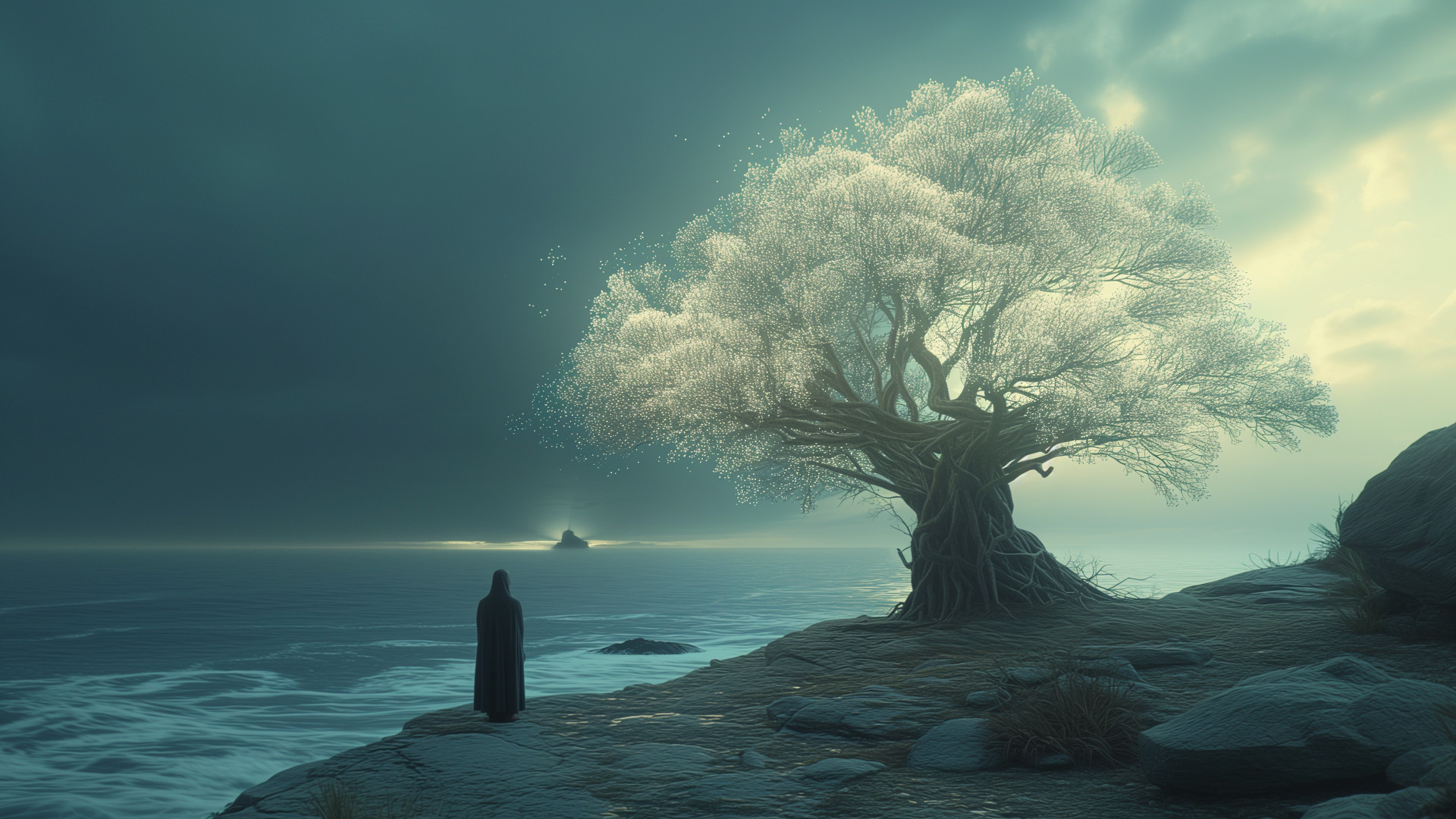 Zosimus stands on the shore of the ocean next to one of the trees in his vision. This image was generated using Midjourney.