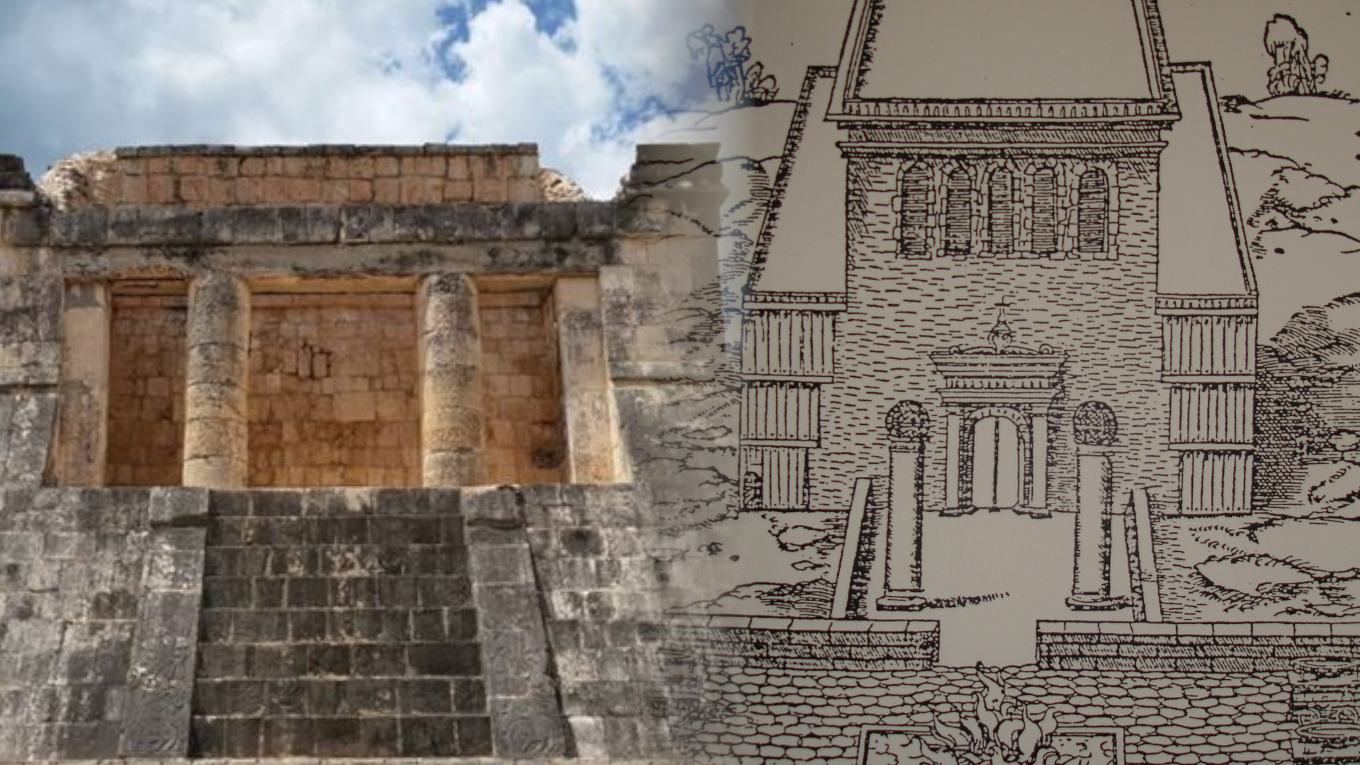 Collage of a photo of the Temple of the Bearded Man at Chichen Itza and a depiction of the temple of Solomon in Jerusalem by François Vatable.
