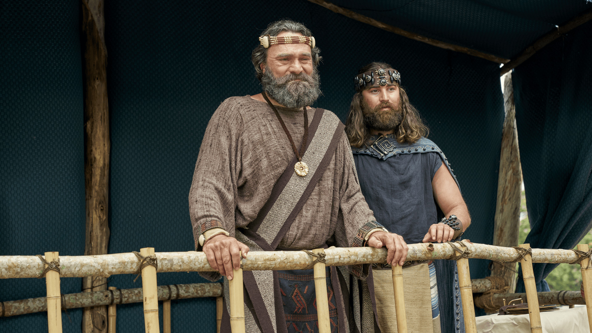 King Benjamin and Mosiah stand on a tower in this still from the Book of Mormon Videos of The Church of Jesus Christ of Latter-day Saints.