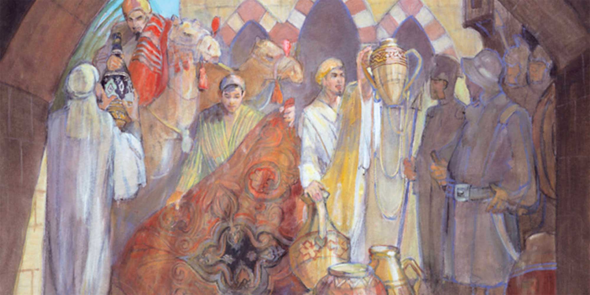 Nephi and his brothers giving their riches to obtain the Plates. Artwork by Minerva Teichert
