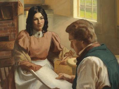 Emma acting as scribe for Joseph Smith during the translation of the Book of Mormon. Painting via lds.org