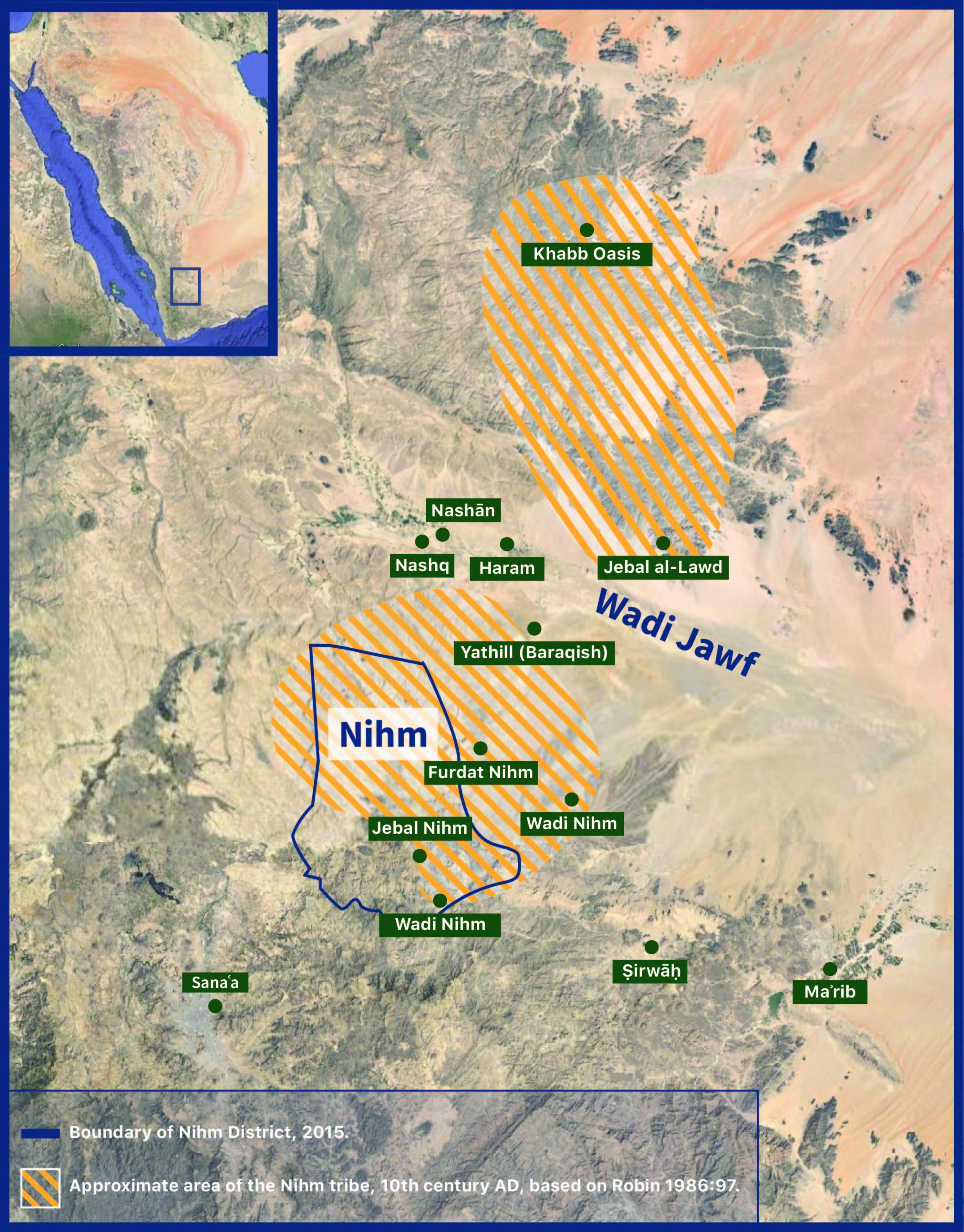 Mapa del área ocupada por la tribu Nihm en el sur de Yauf
