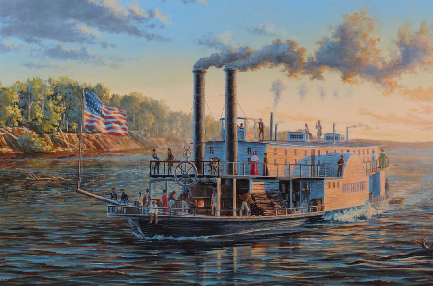 Painting of the "Steamboat Heroine" of 1832 by Peter Rindlisbacher. Image via The Oklahoman and The Oklahoma History Center.