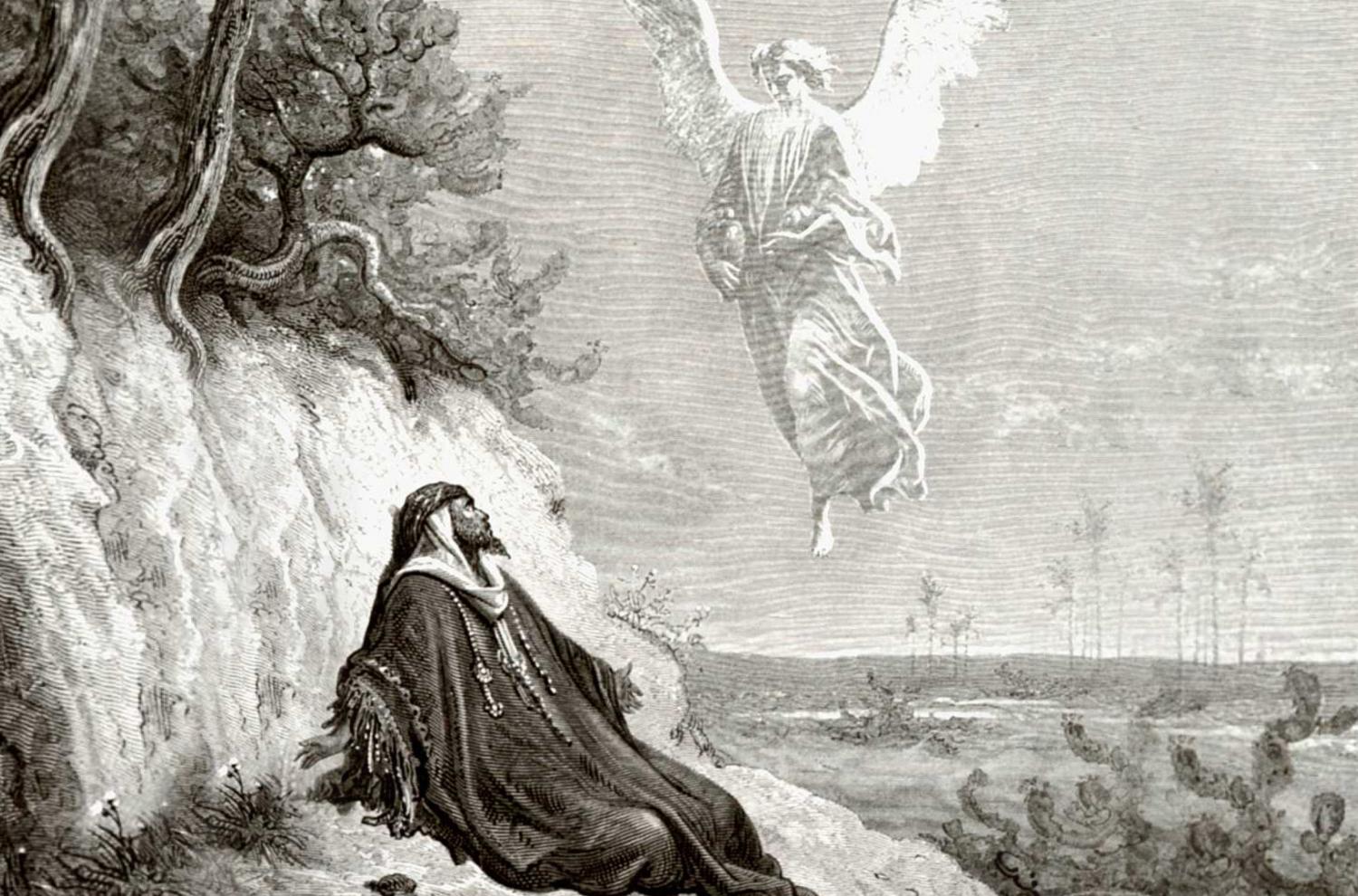 Illustration to the Bible: Angel brings food and drink to the prophet Elijah by Gustave Dore, 1877.