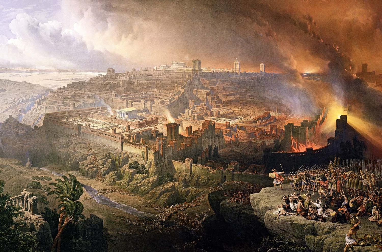 The Siege and Destruction of Jerusalem by the Romans Under the Command of Titus, A.D. 70. Painting by David Roberts, 1850 via Wikimedia Commons.
