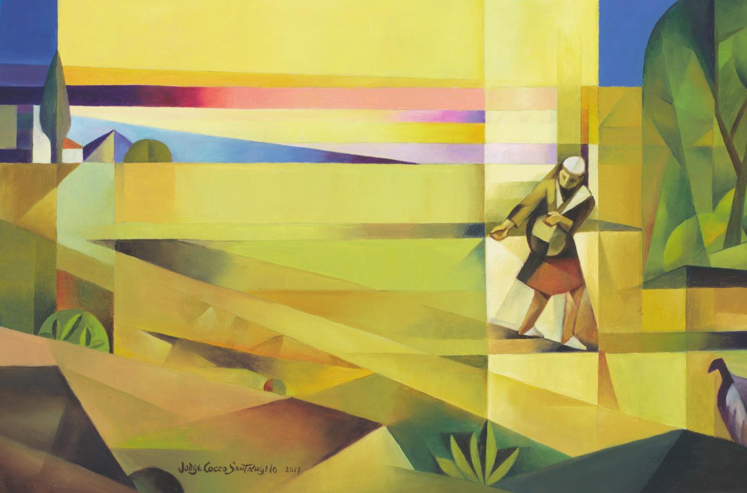 Jorge Cocco's painting, "The Sower," which depicts a man walking with a bag of seeds and tossing them into soil along his path, as described in Jesus's parable.