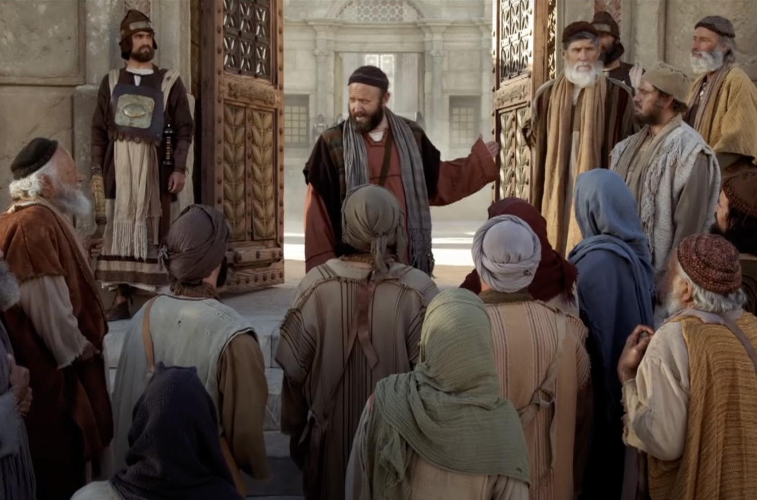 A still from the Bible video "Ye Are The Temple of God," depicting Paul teaching in front of the temple. Screenshot courtesy churchofjesuschrist.org