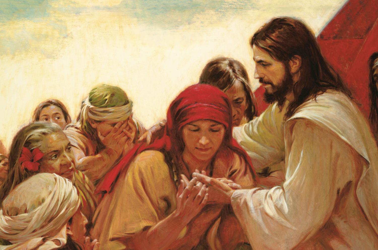 Christ shows the wounds from his crucifixion to people in the Americas in this painting titled “One by One” by Walter Rane.