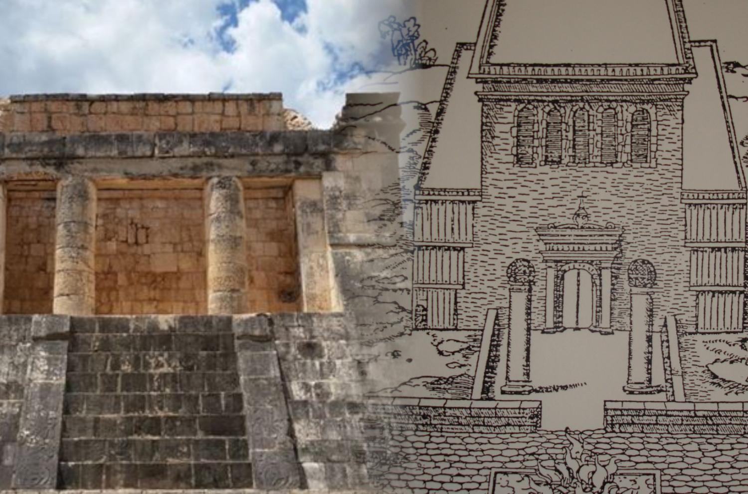 Collage of a photo of the Temple of the Bearded Man at Chichen Itza and a depiction of the temple of Solomon in Jerusalem by François Vatable.