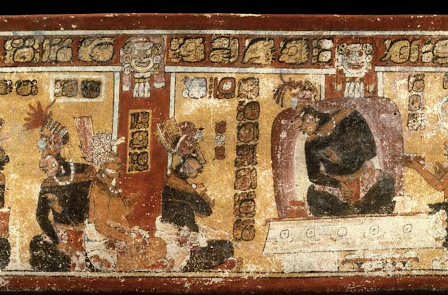Classic Maya polychrome vase from Dos Pilas showing people covered in black paint. Photo by Justin Kerr, Maya Vase Database.