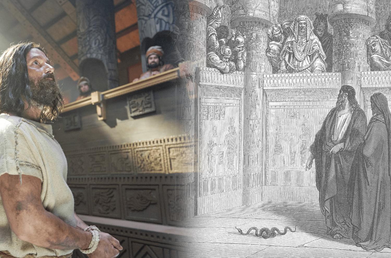 Left, an image from the Book of Mormon Videos of The Church of Jesus Christ of Latter-day Saints. Right, “Moses and Aaron Appear Before Pharaoh” by Gustave Dore.