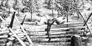 Etching of Joseph Smith Climbing Fence from The Smith Family Farm