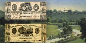 Bank notes of the Kirtland Safety Society. Landscape painting of Kirtland by Al Rounds.