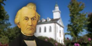 Portrait of David Whitmer by Lewis Ramsey. Image of Kirtland Temple via Church of Jesus Christ.