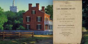 Painting of the Heber C. Kimball home in Nauvoo by Al Rounds. Image of the Nauvoo Charter from the Library of Congress.