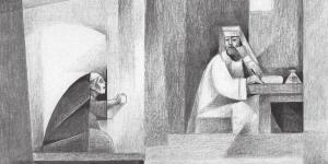 Jorge Cocco's drawing, "The Persistent Widow," depicting a widow kneeling as she appeals to a judge.