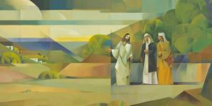 Jorge Cocco's painting, "Road to Emmaus," depicts Jesus Christ walking with Cleopas and an unnamed disciple on the road to Emmaus.