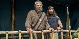 King Benjamin and Mosiah stand on a tower in this still from the Book of Mormon Videos of The Church of Jesus Christ of Latter-day Saints.