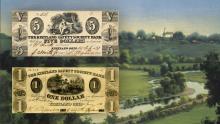 Bank notes of the Kirtland Safety Society. Landscape painting of Kirtland by Al Rounds.